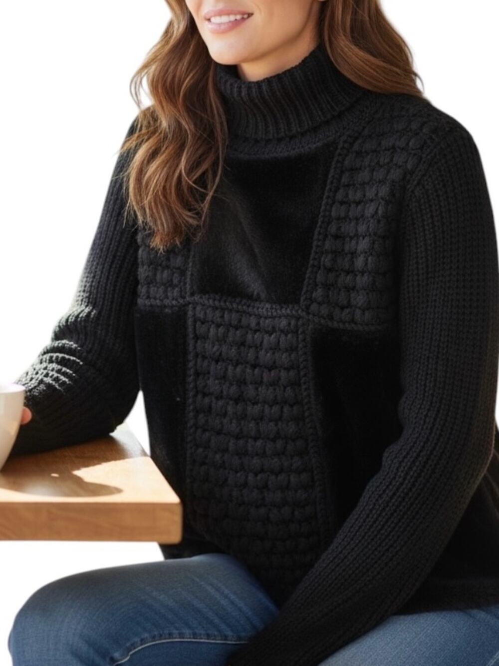 Q Point Sweater Faux Fur & Crochet Knit Black Wool Blend Heavy Mixed Media SZ L